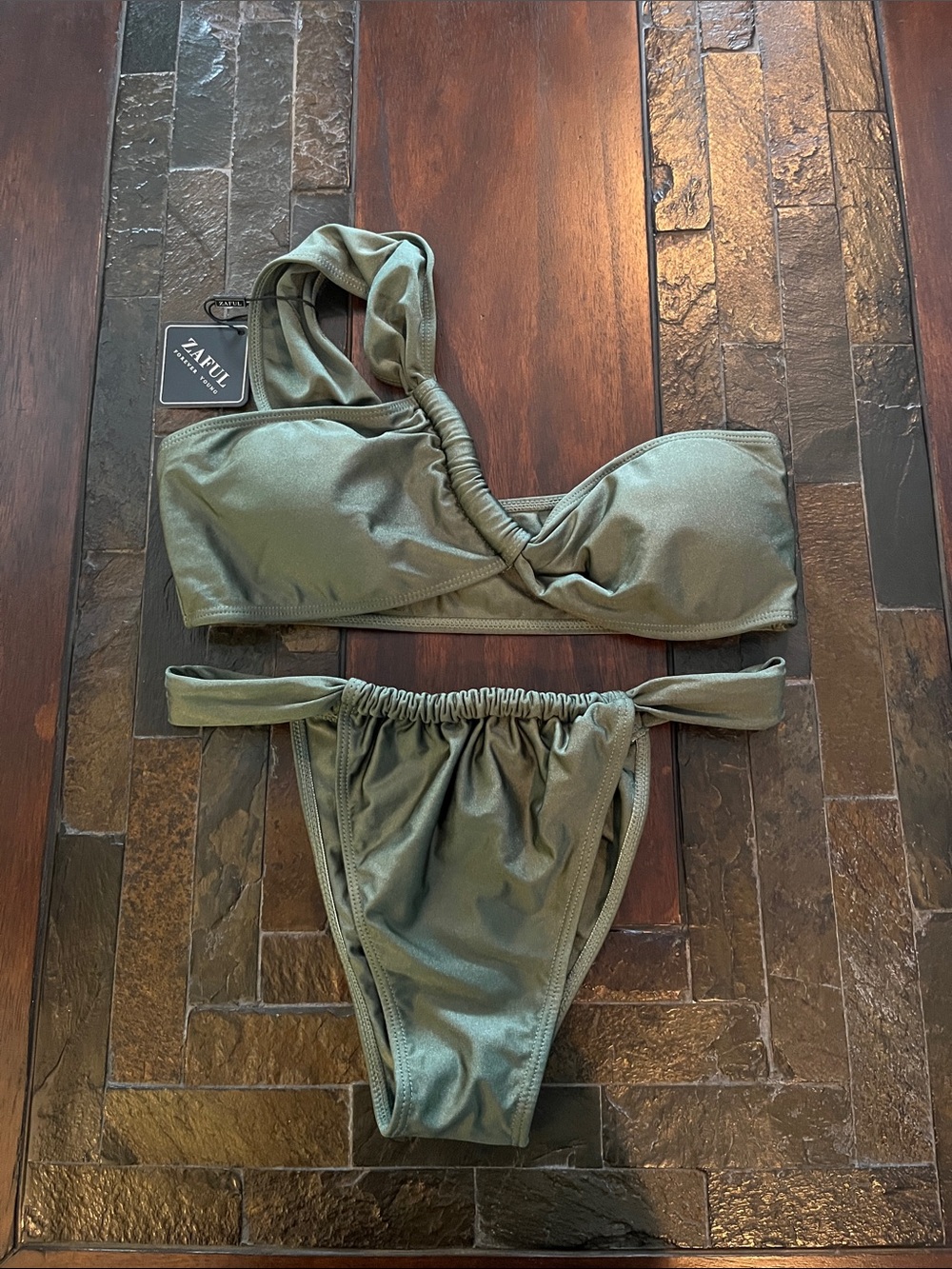 Zaful One-Shoulder Twist Bikini - Olive Green Shimmer
